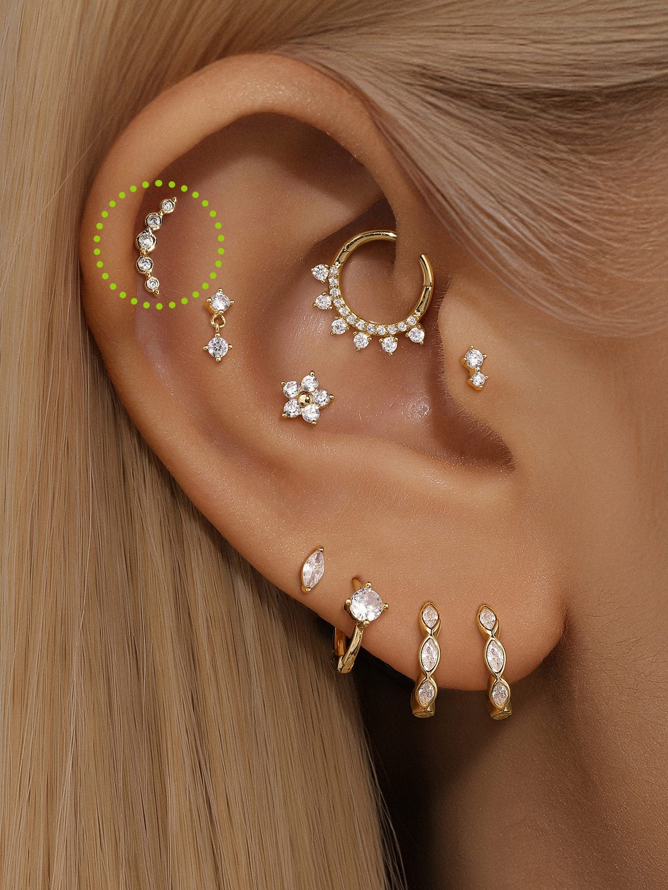 14K Solid Gold Zircon Curve   Ear Piercing Stud