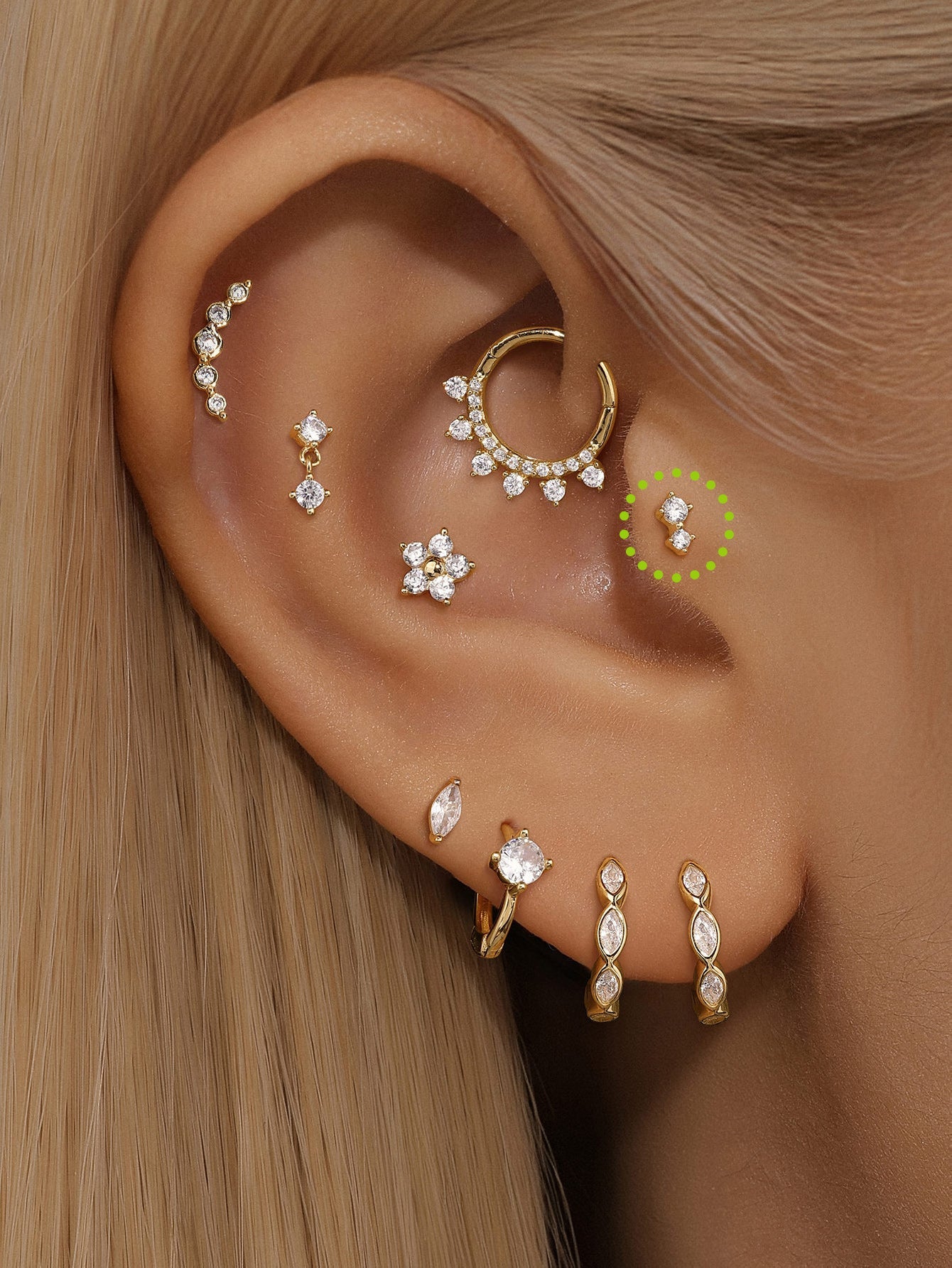 14K Solid Gold  Double Zircon Ear Piercing Stud