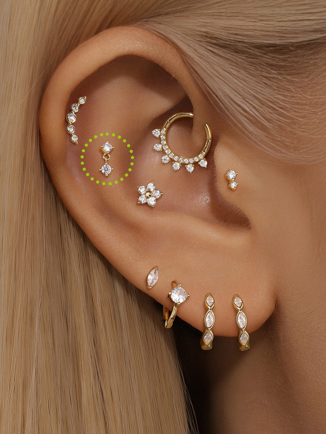 14K Solid Gold Hanging Zircon Ear Piercing Stud