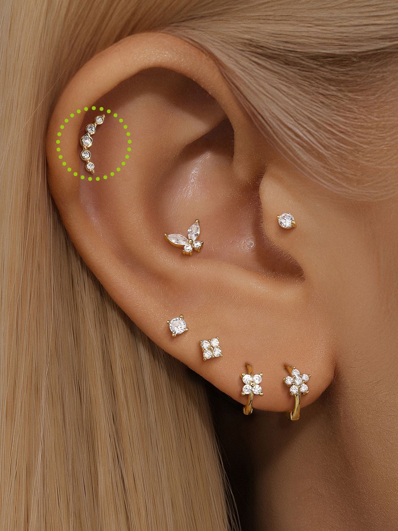 14K Solid Gold Zircon Curve   Ear Piercing Stud