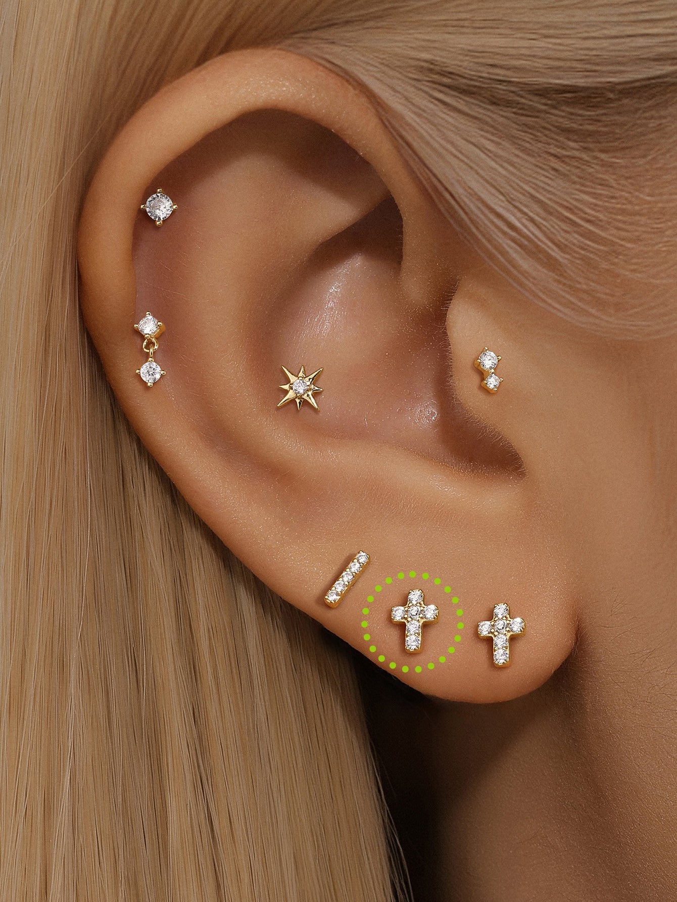 14K Solid Gold Lucky Cross Zircon  Ear Piercing Stud