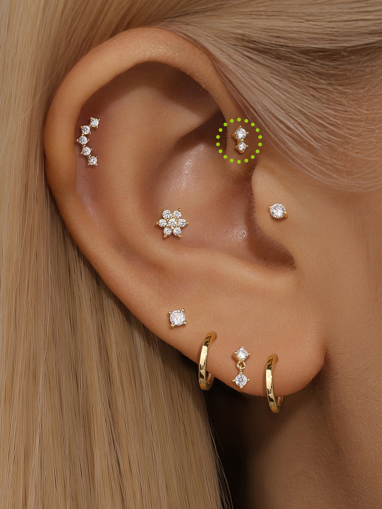 14K Solid Gold  Double Zircon Ear Piercing Stud