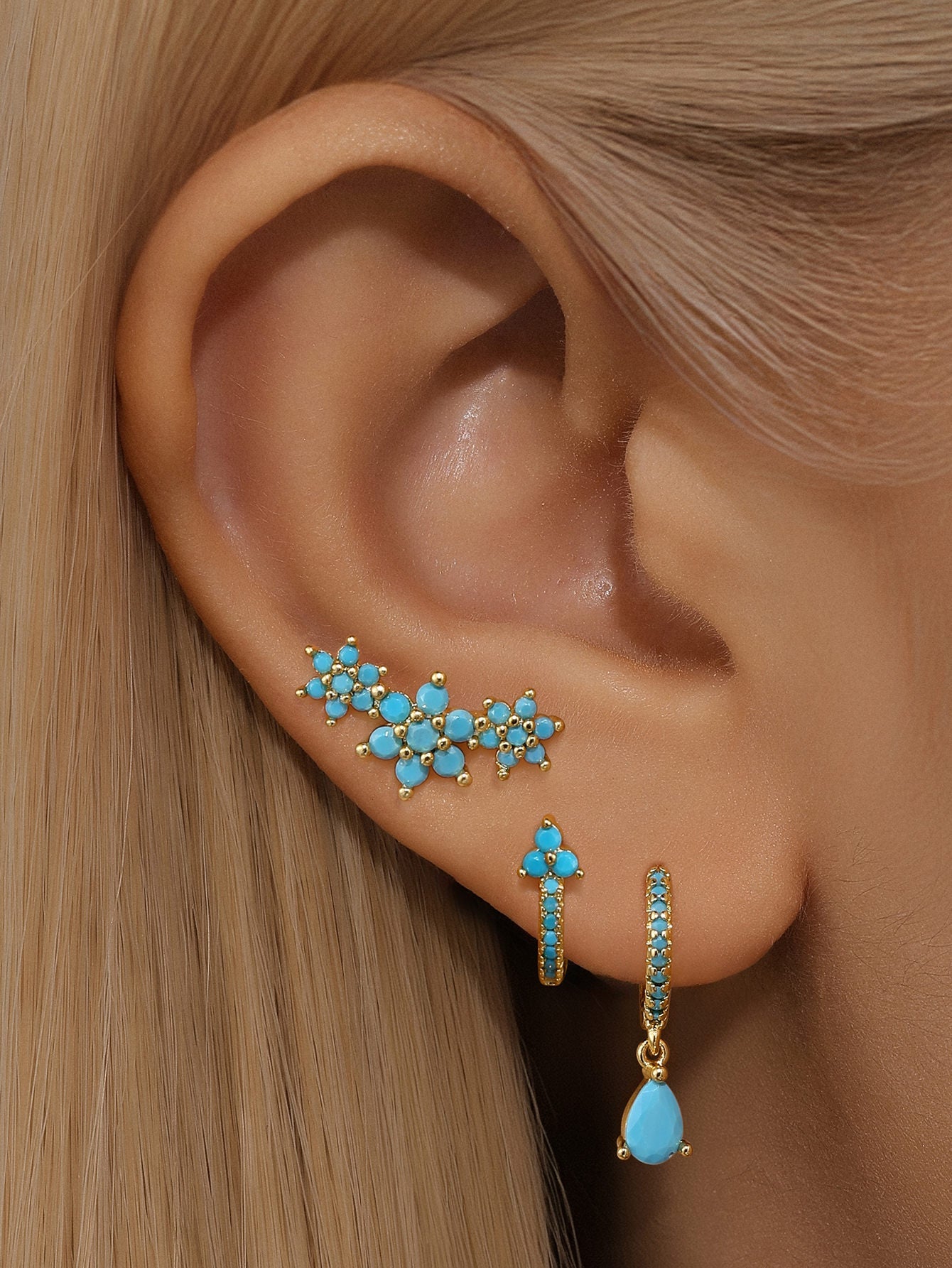 Turquoise Flowers Drop Hoop Earring Set