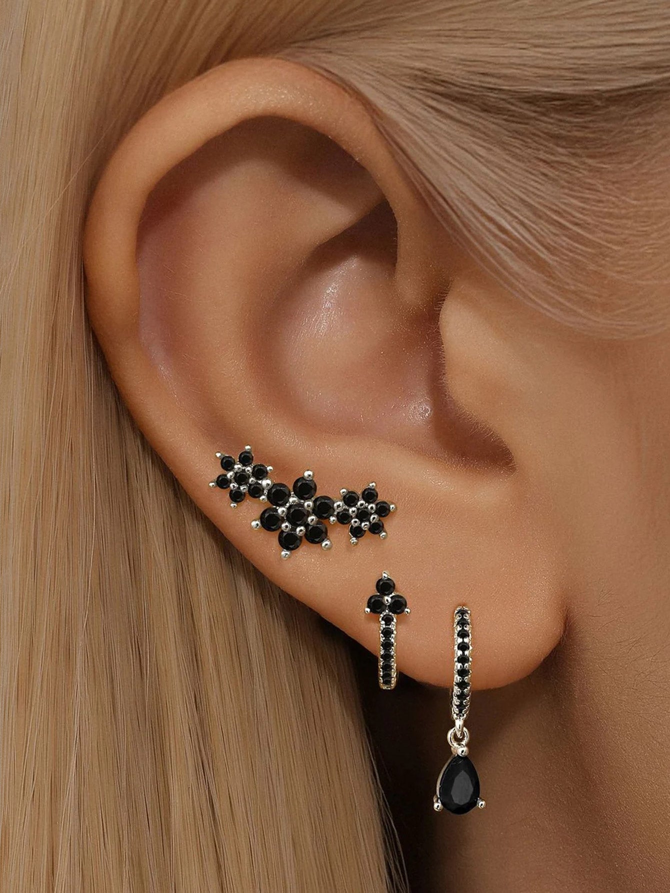 S925 Shiny Obsidian Flower Stud Earrings Set