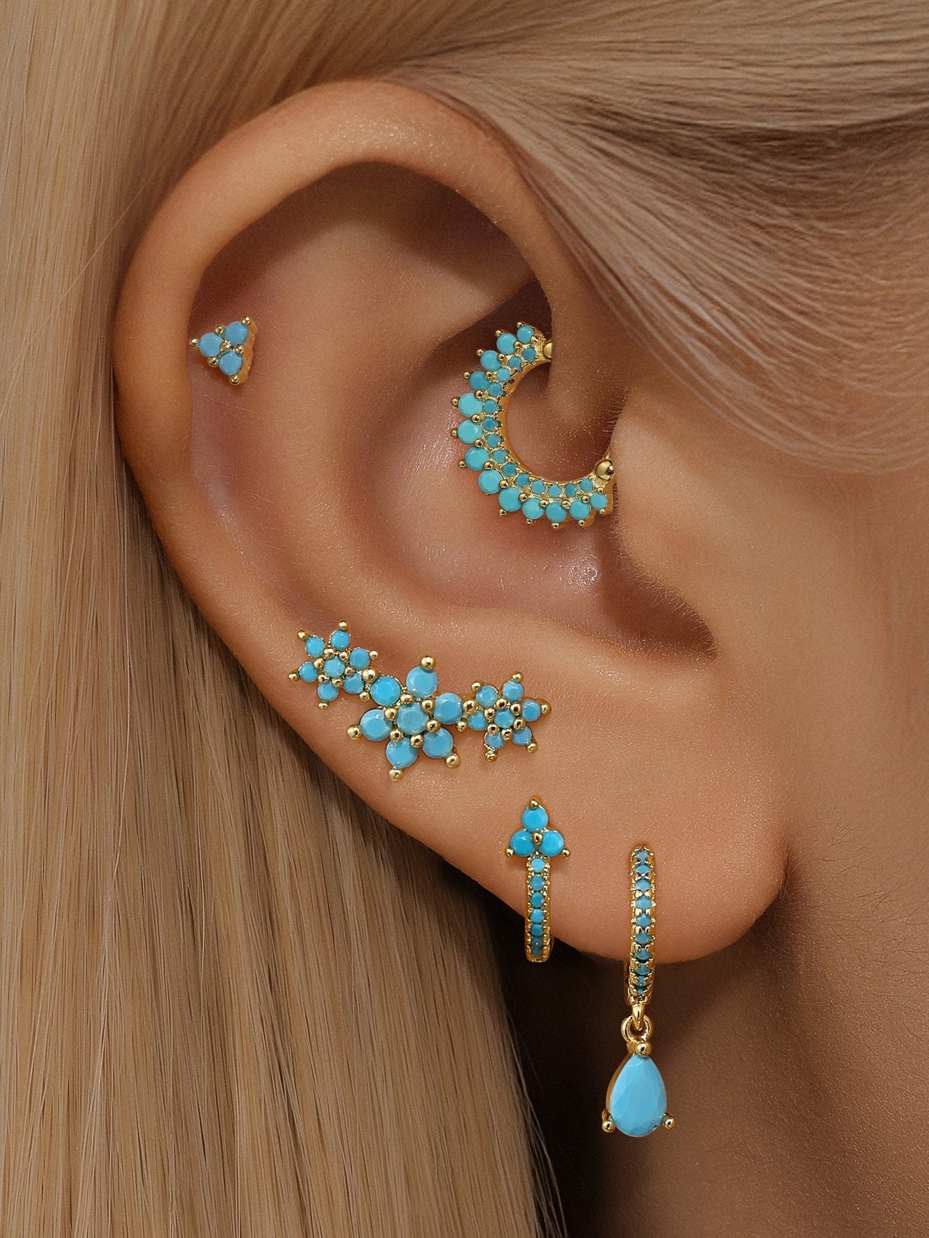 6 Petals Turquoise Flowers Drop Hoop Earring Set