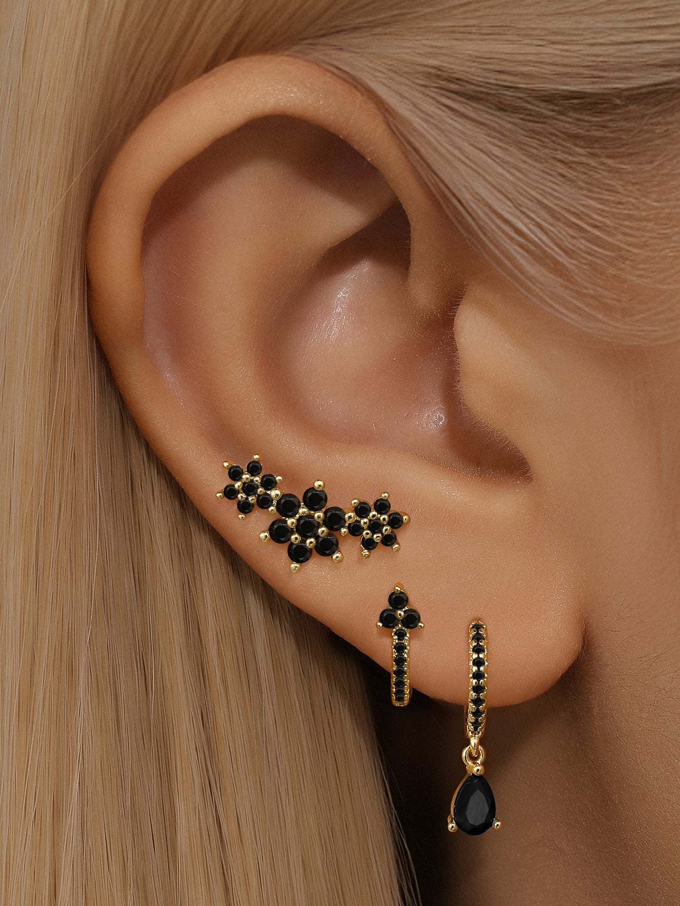 S925 Shiny Obsidian Flower Stud Earrings Set