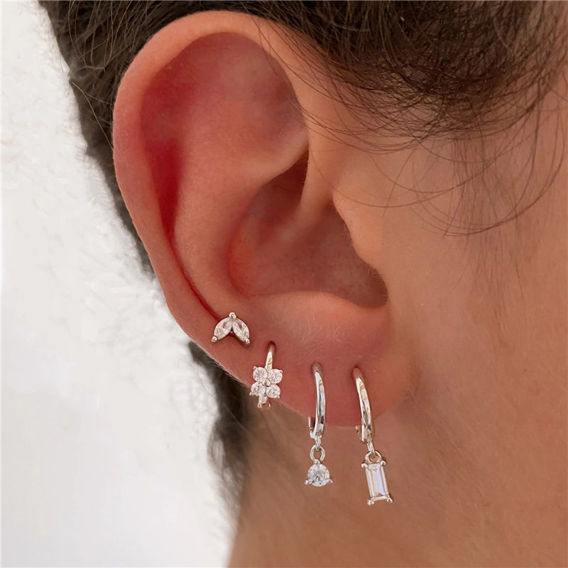 Horae 4 Pcs 925 Sterling Silver Simple Zircon Hoop Drop Earring Set