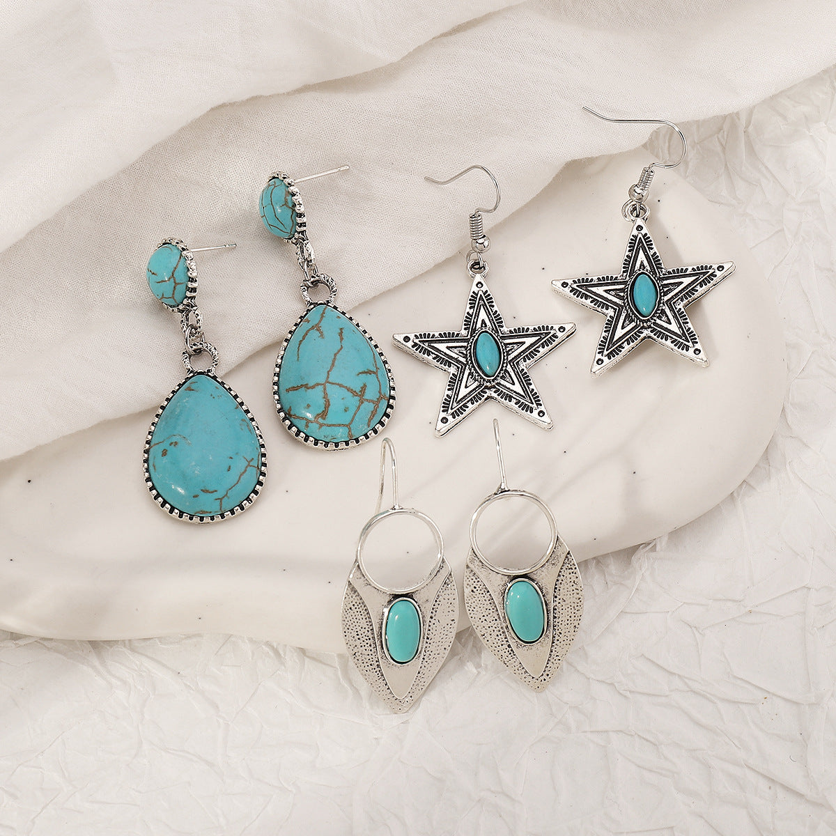 Horae Retro Literary Lace Pentagram Turquoise Earrings