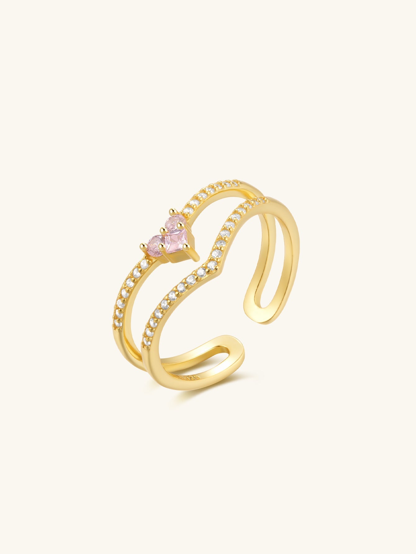 Horae S925 Pink Zircon Heart Dual Layers Elegant Open Adjustable Ring