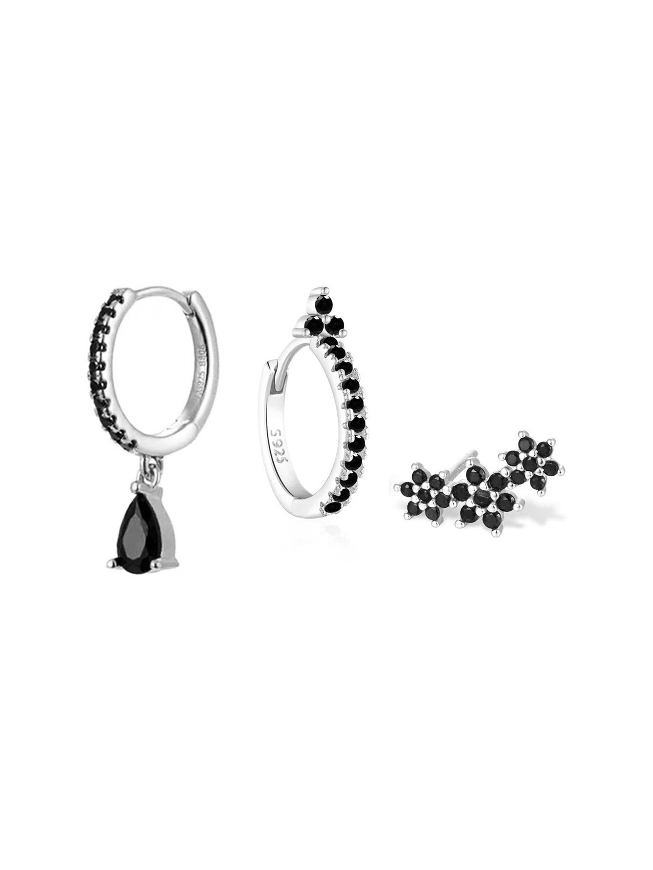 S925 Shiny Obsidian Flower Stud Earrings Set