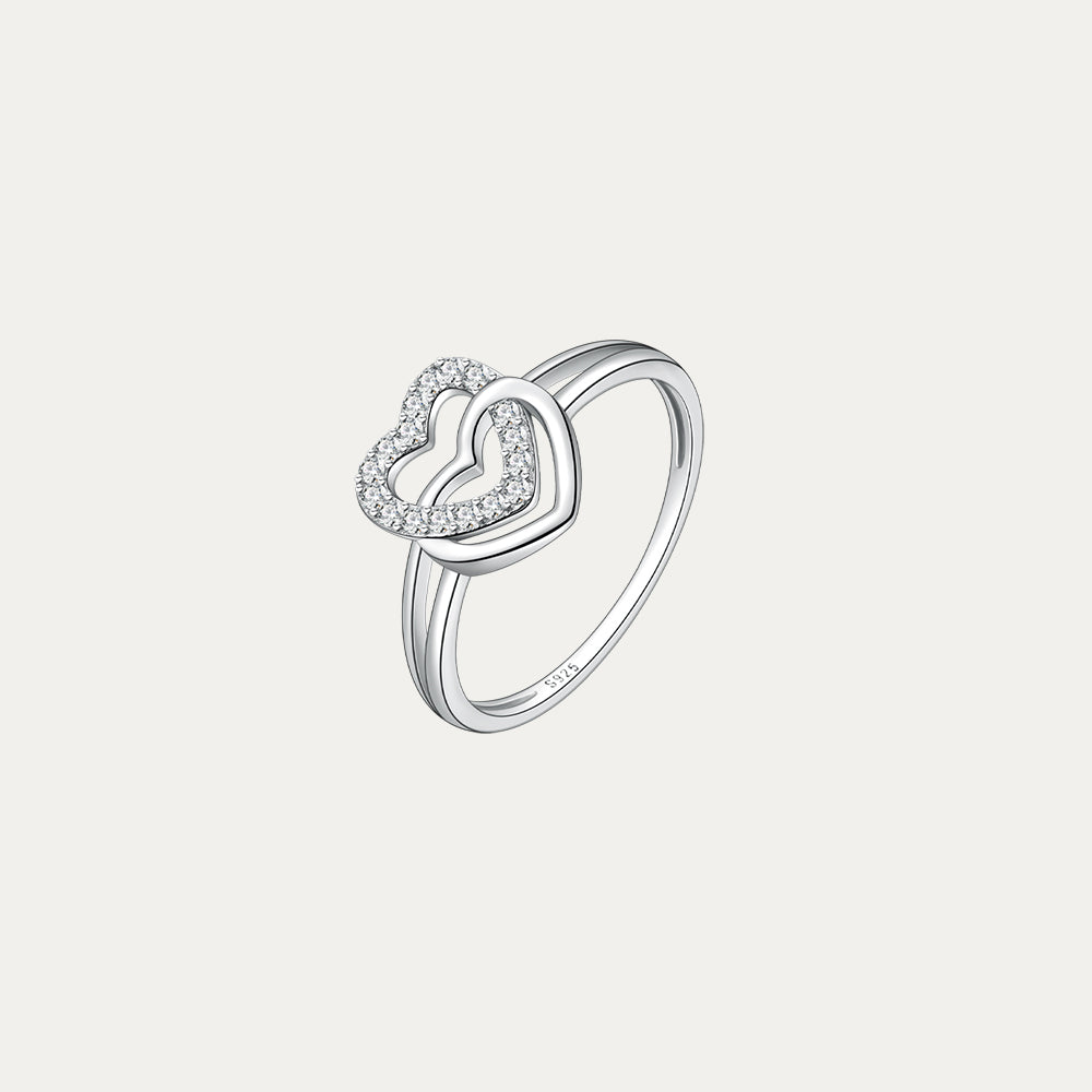 Horae 925 Sterling Silver Two Layers Hollowout Heart Zircon Engagement Ring