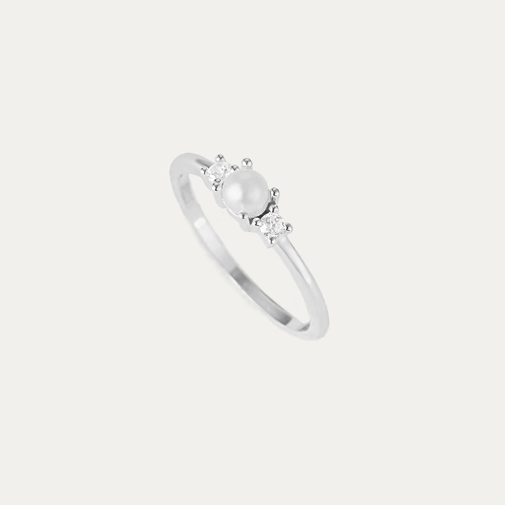 Horae 925 Sterling Silver Miini Zircon and Pearl Ring