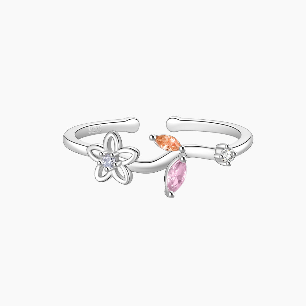 Horae 925 Sterling Silver Flower Pink Leaf Zircon Open Ring