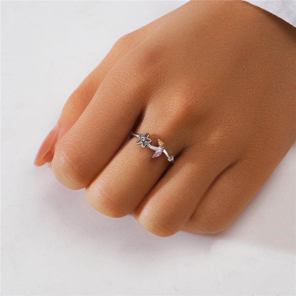 Horae 925 Sterling Silver Flower Pink Leaf Zircon Open Ring