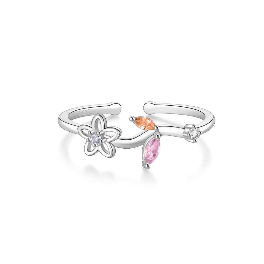 Horae 925 Sterling Silver Flower Pink Leaf Zircon Open Ring