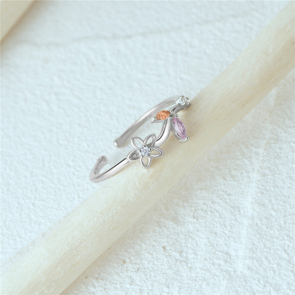 Horae 925 Sterling Silver Flower Pink Leaf Zircon Open Ring