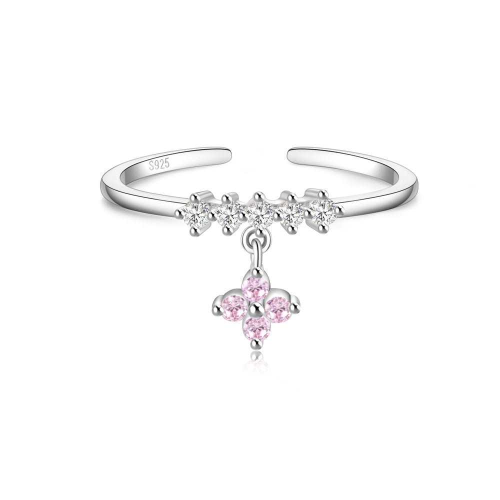 Horae 925 Sterling Silver Pink Flower Zircon Sangle Open Open Ring