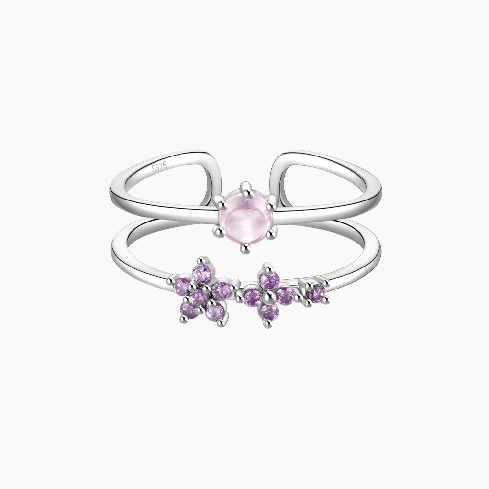 Horae 925 Sterling Silver Two Layer Flower Purple Zircon Open Ring