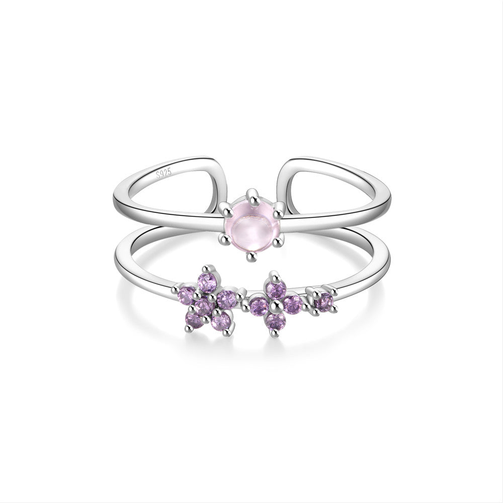 HORAE 925 argent sterling à deux couches Fleur Fleur Purple Zircon Open Anneau