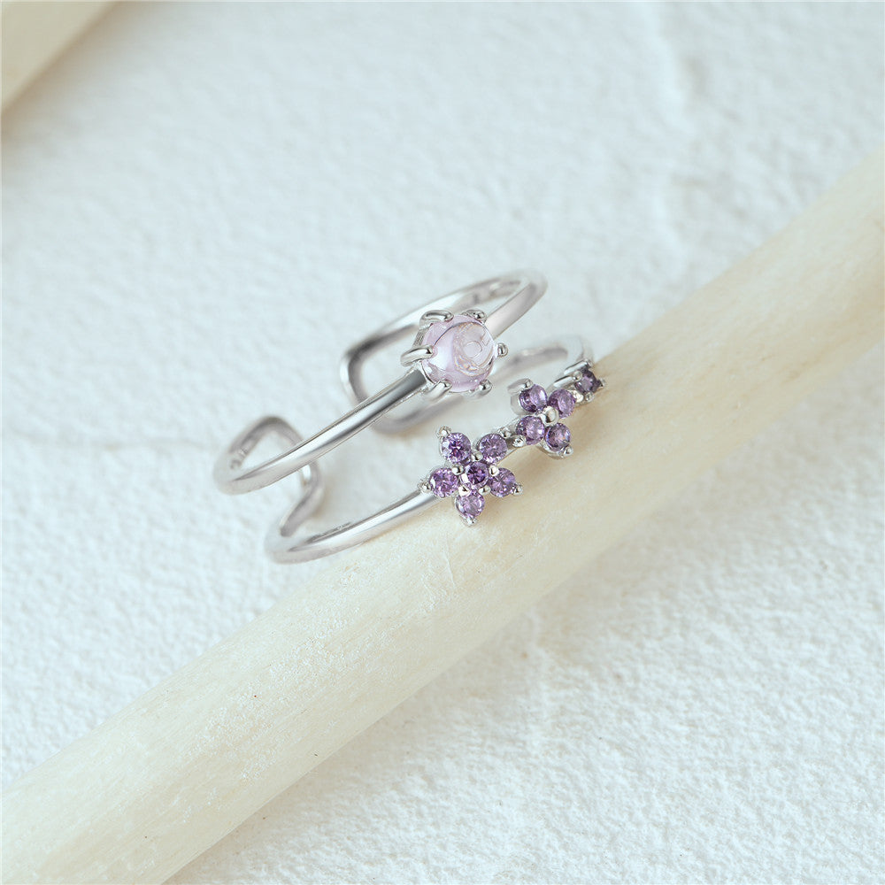 HORAE 925 argent sterling à deux couches Fleur Fleur Purple Zircon Open Anneau