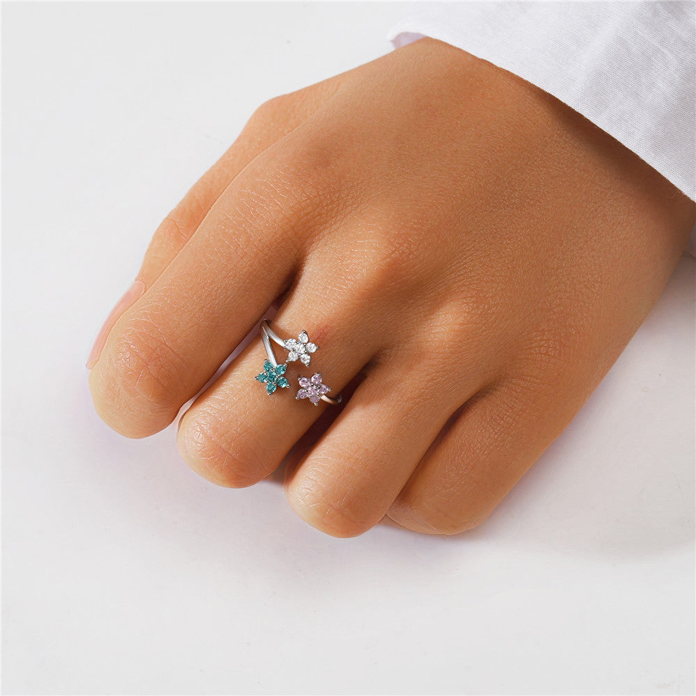 Horae 925 Sterling Silver Multicolor Flower Zircon Open Ring Valentine Gift