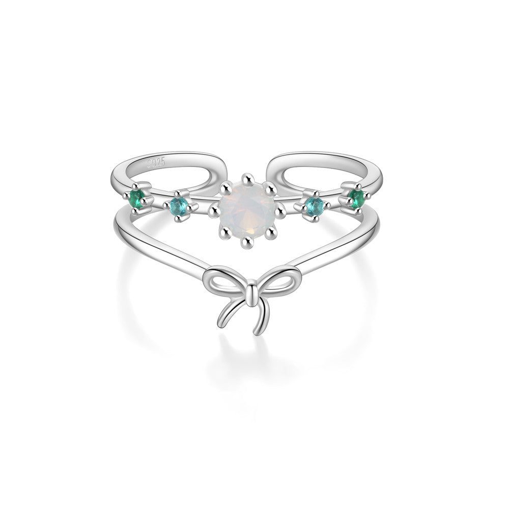 Horae 925 Sterling Silver Two Layer Opal and Green Zircon Open Ring