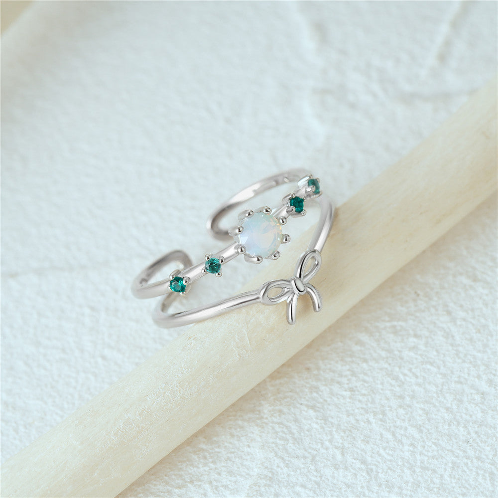 Horae 925 Sterling Silver Two Layer Opal and Green Zircon Open Ring