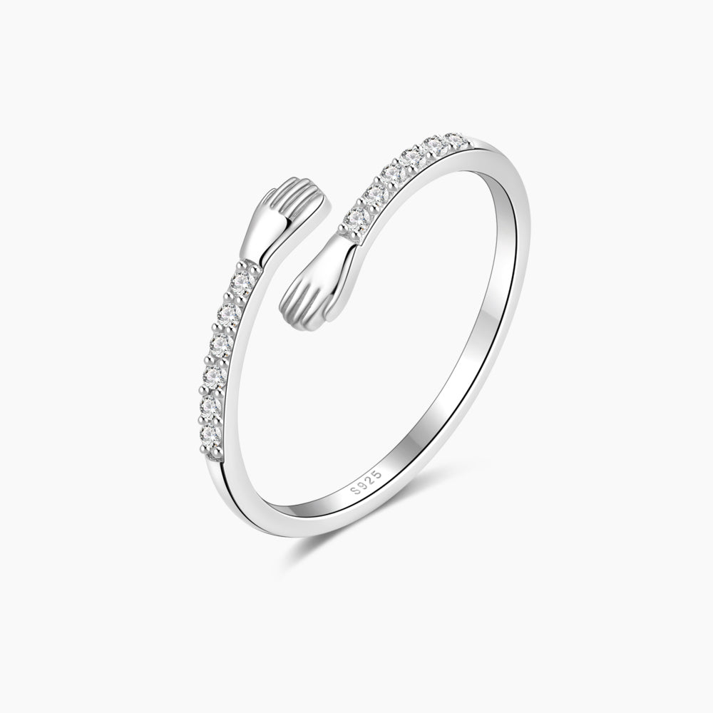 Horae 925 Sterling Silver Love Hand Hug Open Ring