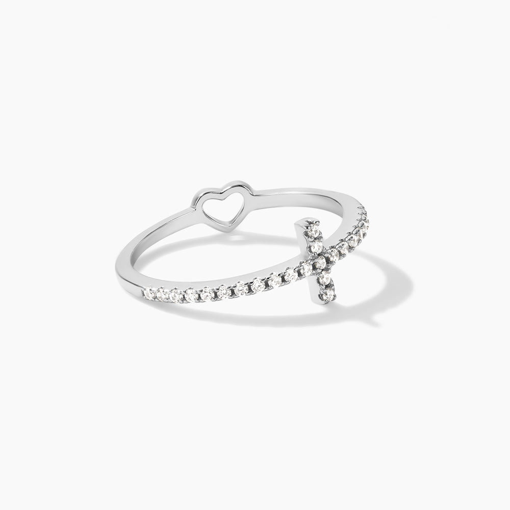 Horae 925 Sterling Silver Cross Pave Zircon and Hollow Out Heart Dual Wear Ring