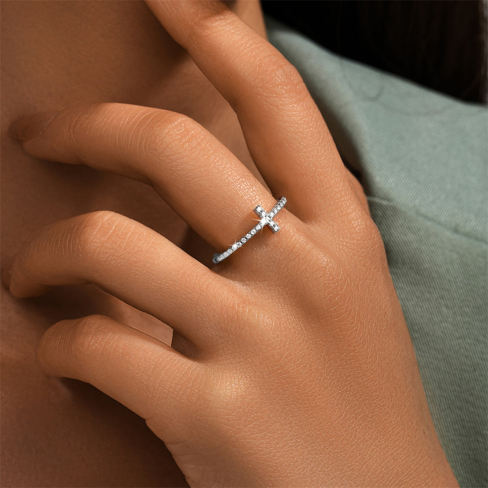 Horae 925 Sterling Silver Cross Pave Zircon and Hollow Out Heart Dual Wear Ring