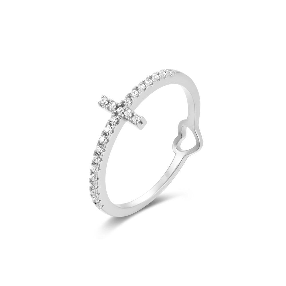 Horae 925 Sterling Silver Cross Pave Pave Zircon and Hollow Out Heart Double Using Ring