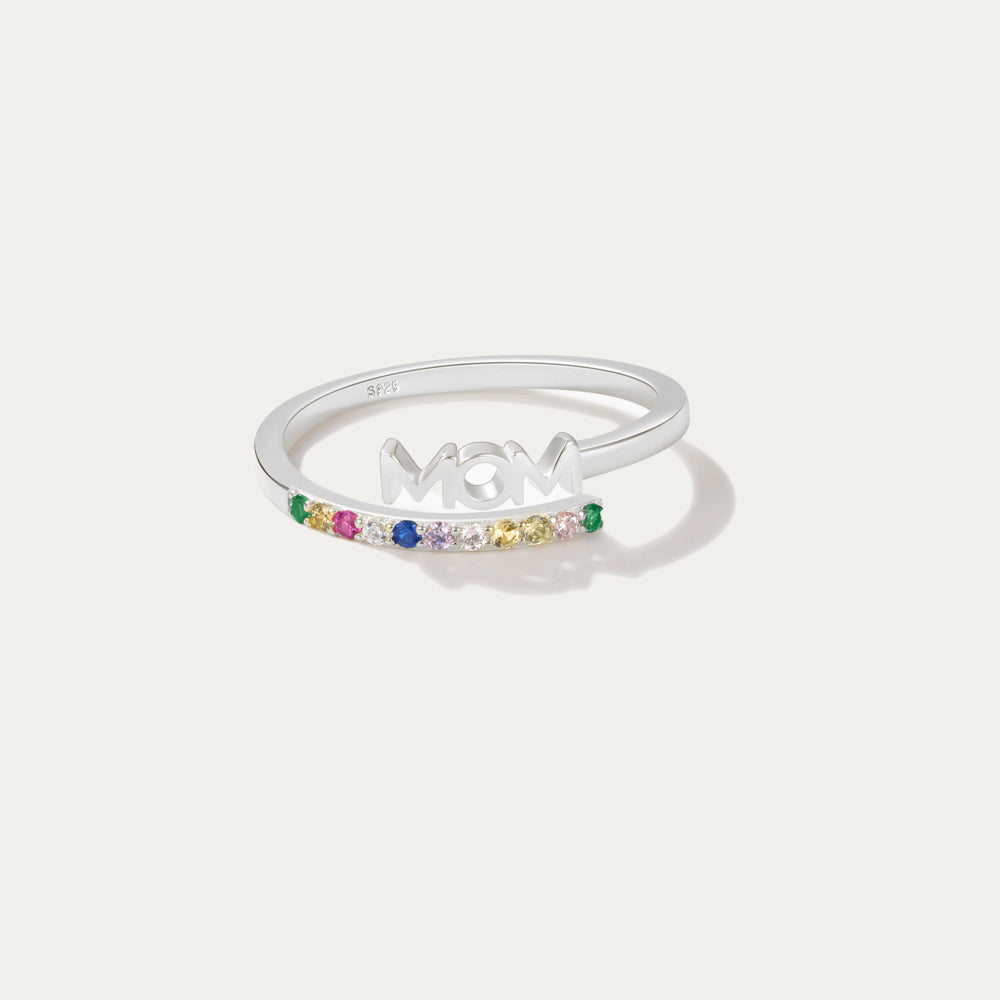 Horae 925 Sterling Silver Multicolor Pave Zircon MOM Letter Ring Mother's Day Gift