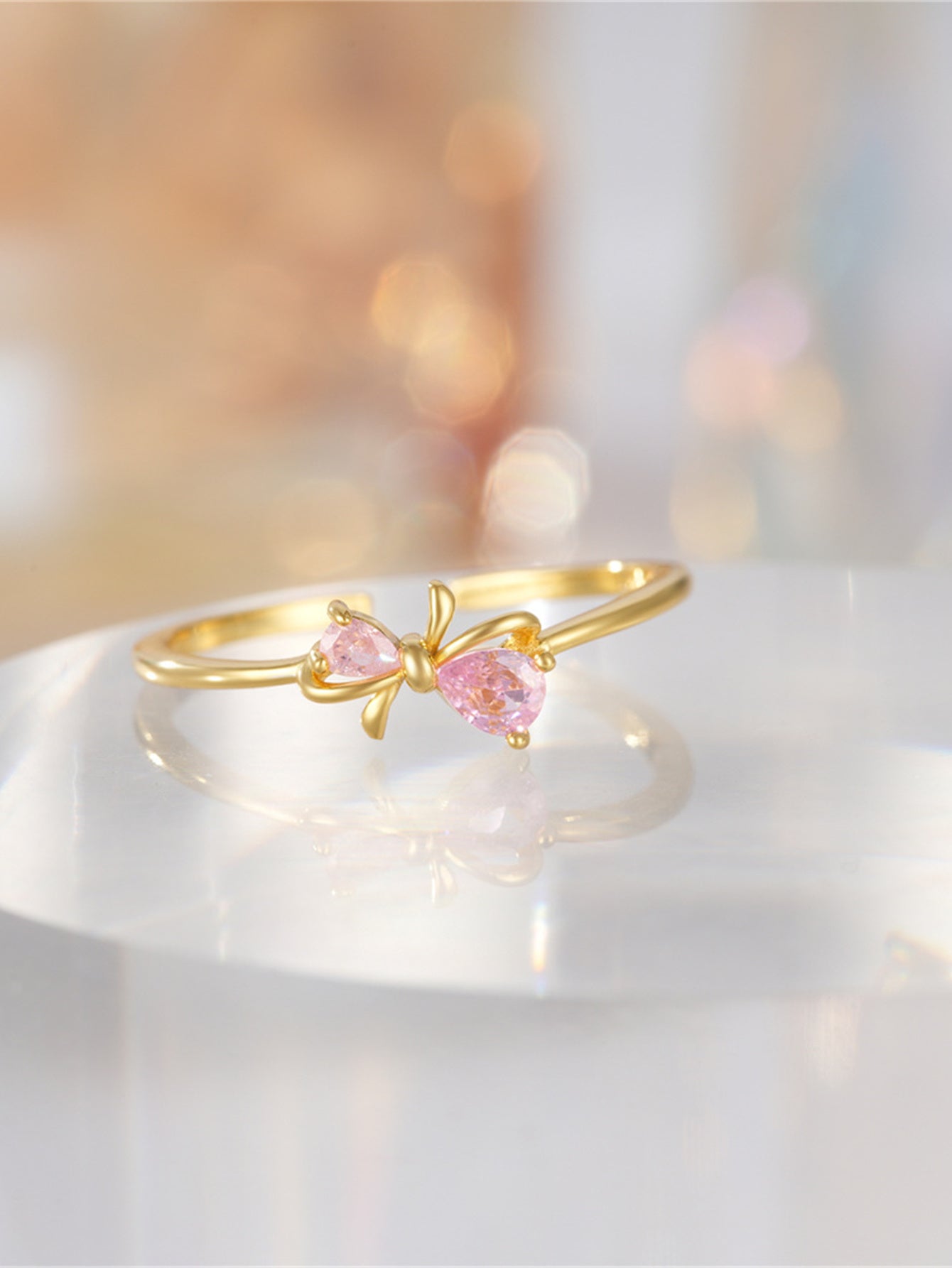 Horae S925 Bowtie Pink Circon Girls Elegant Open Ajustable Anillo