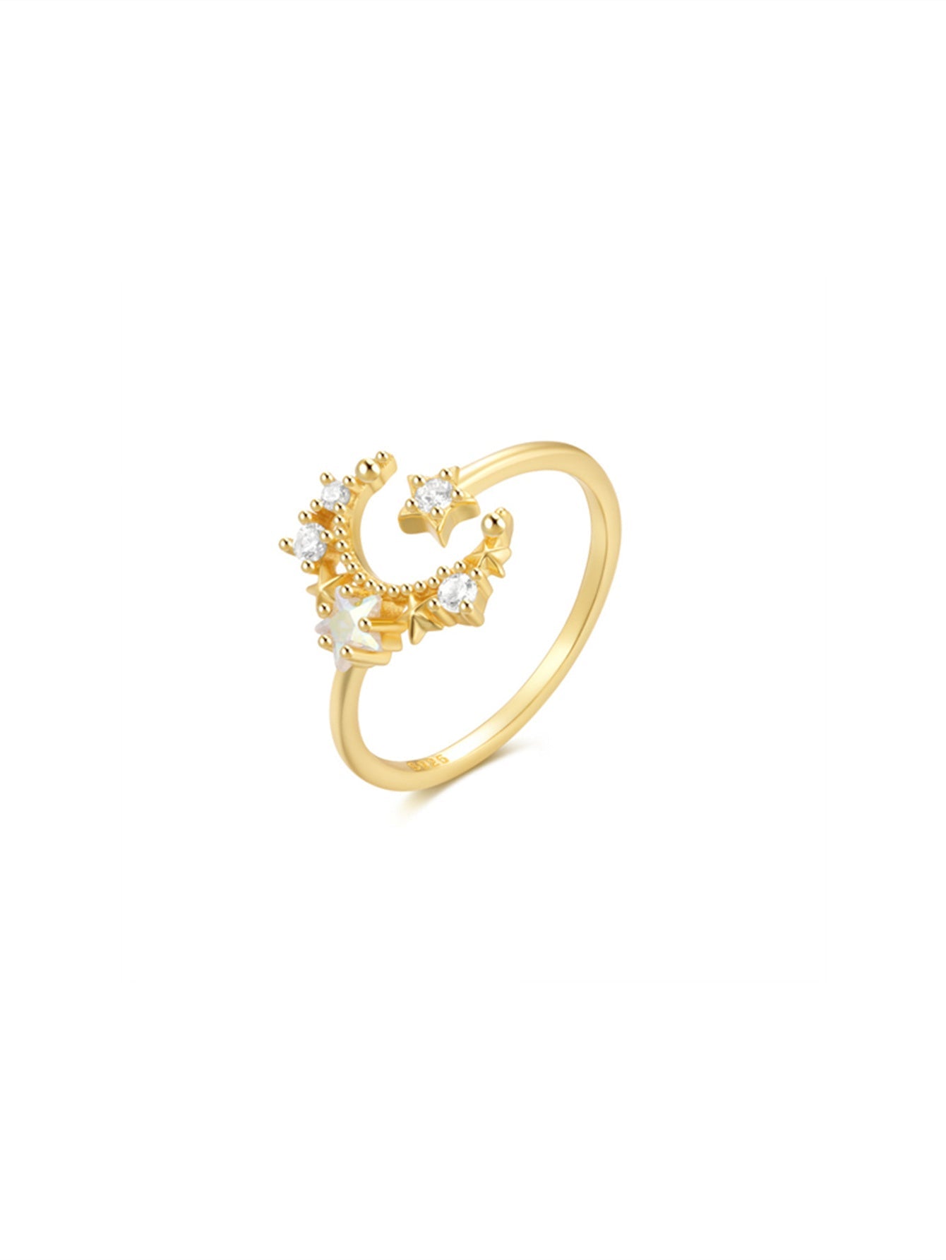 Horae S925 Moon and Star Zircon Women Casual Vacation Open Ring