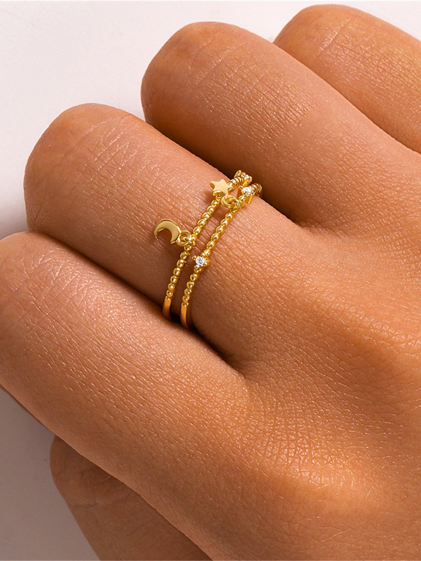 Horae S925 Moon and Star Mini Zircon Dual Layers Open Ring