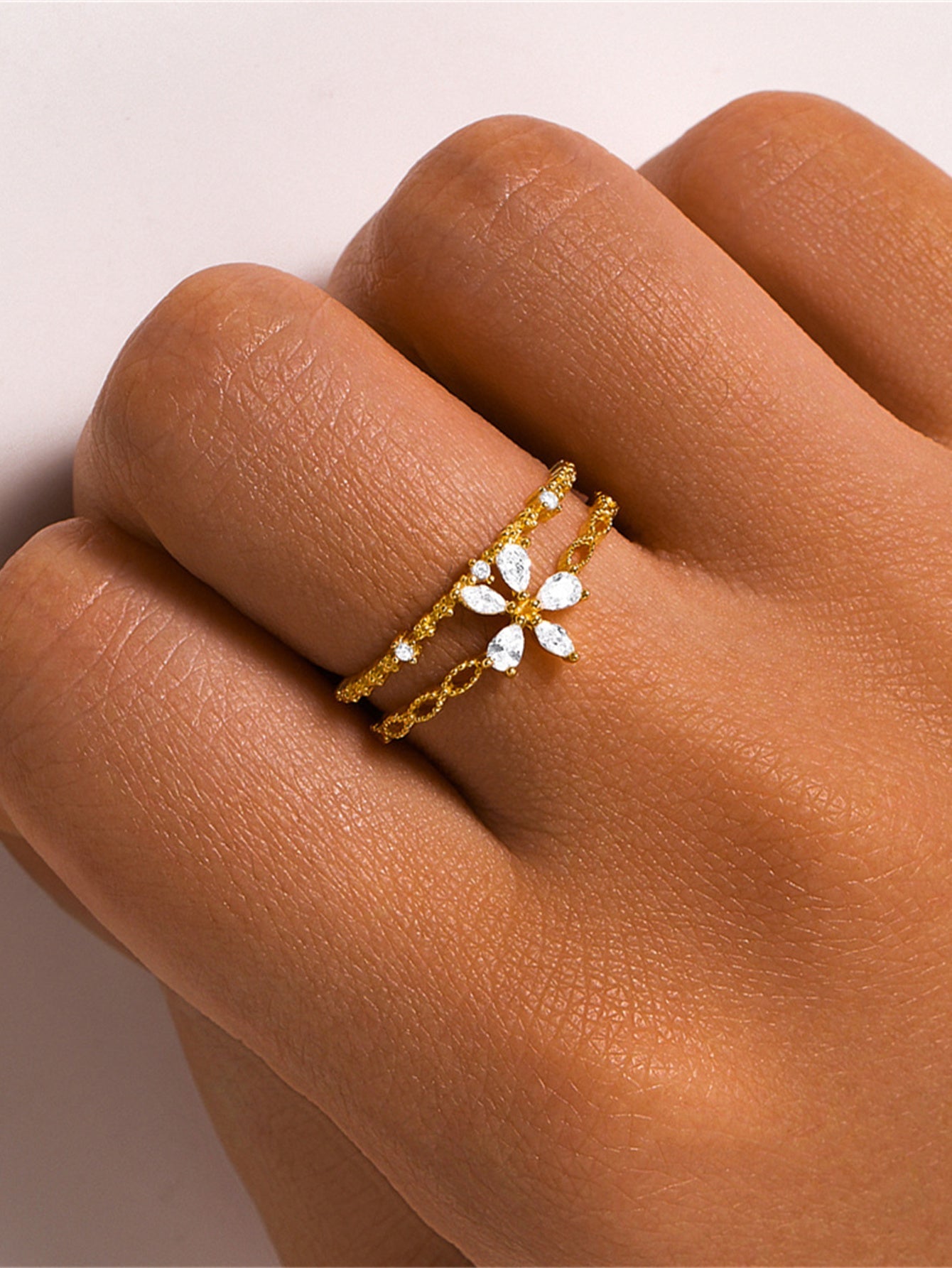 Horae S925 Flower Pear Zircon Dual Layers Anniversary Open Ring