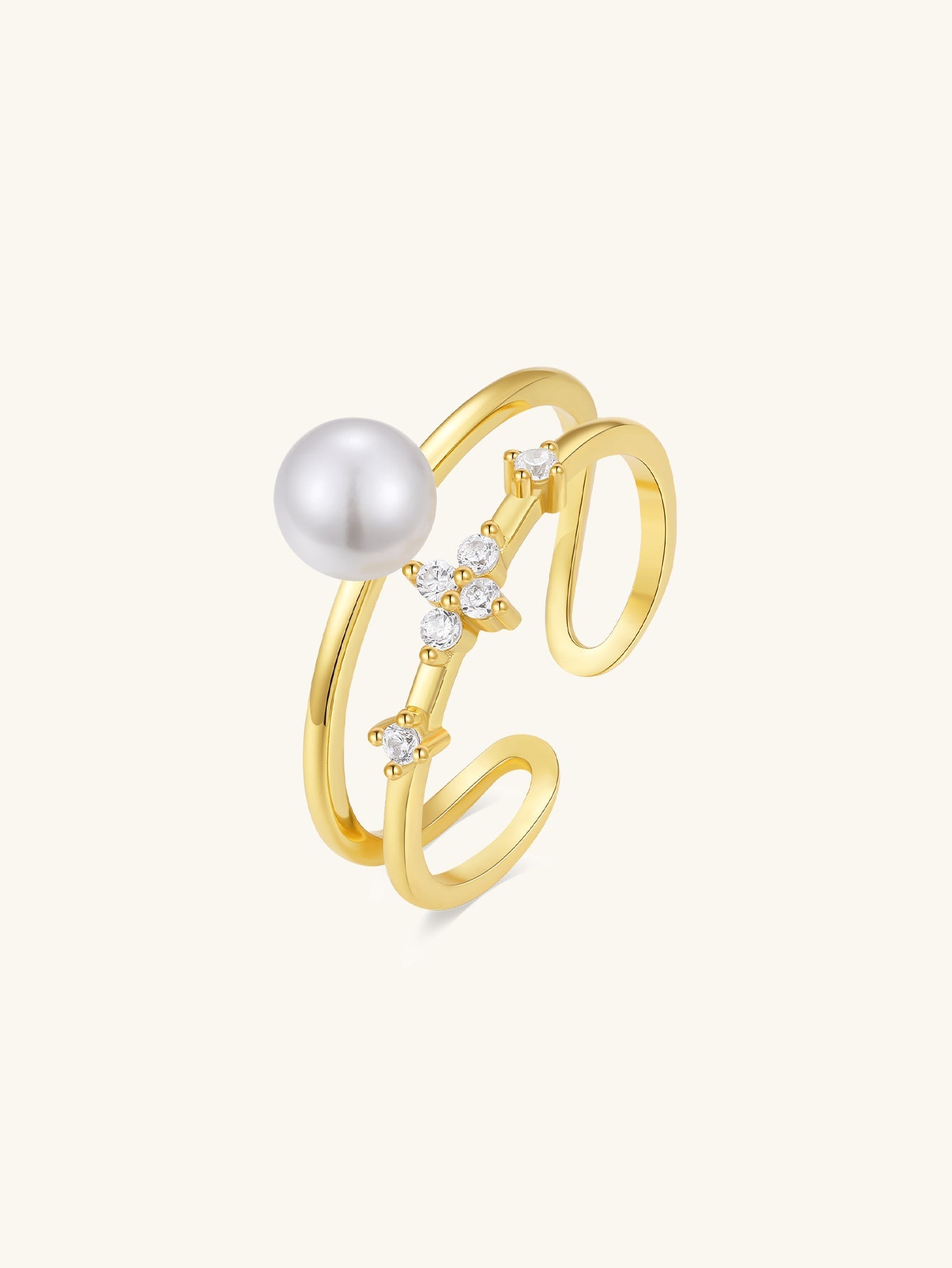 Horae 925 Sterling Silver Solitaire Pearl Dual Layers Zircon Birthday Open Ring