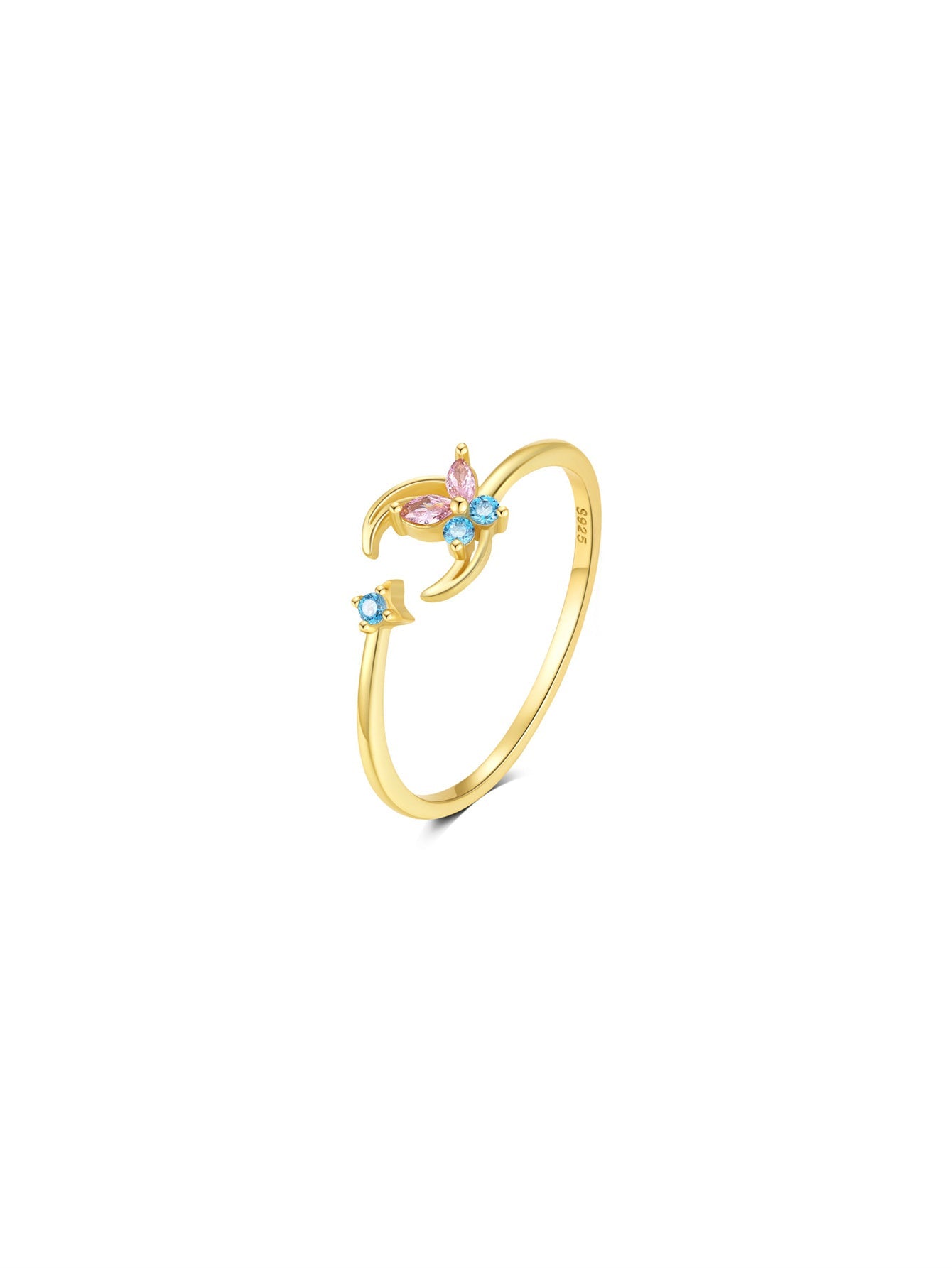 Horae S925 Multicolor Zircon Butterfly and Moon Daily Casual Open Ring