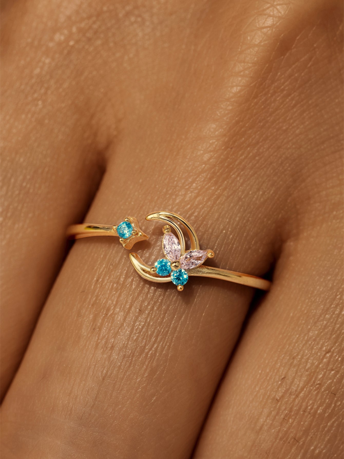 Horae S925 Multicolor Zircon Butterfly and Moon Daily Casual Open Ring