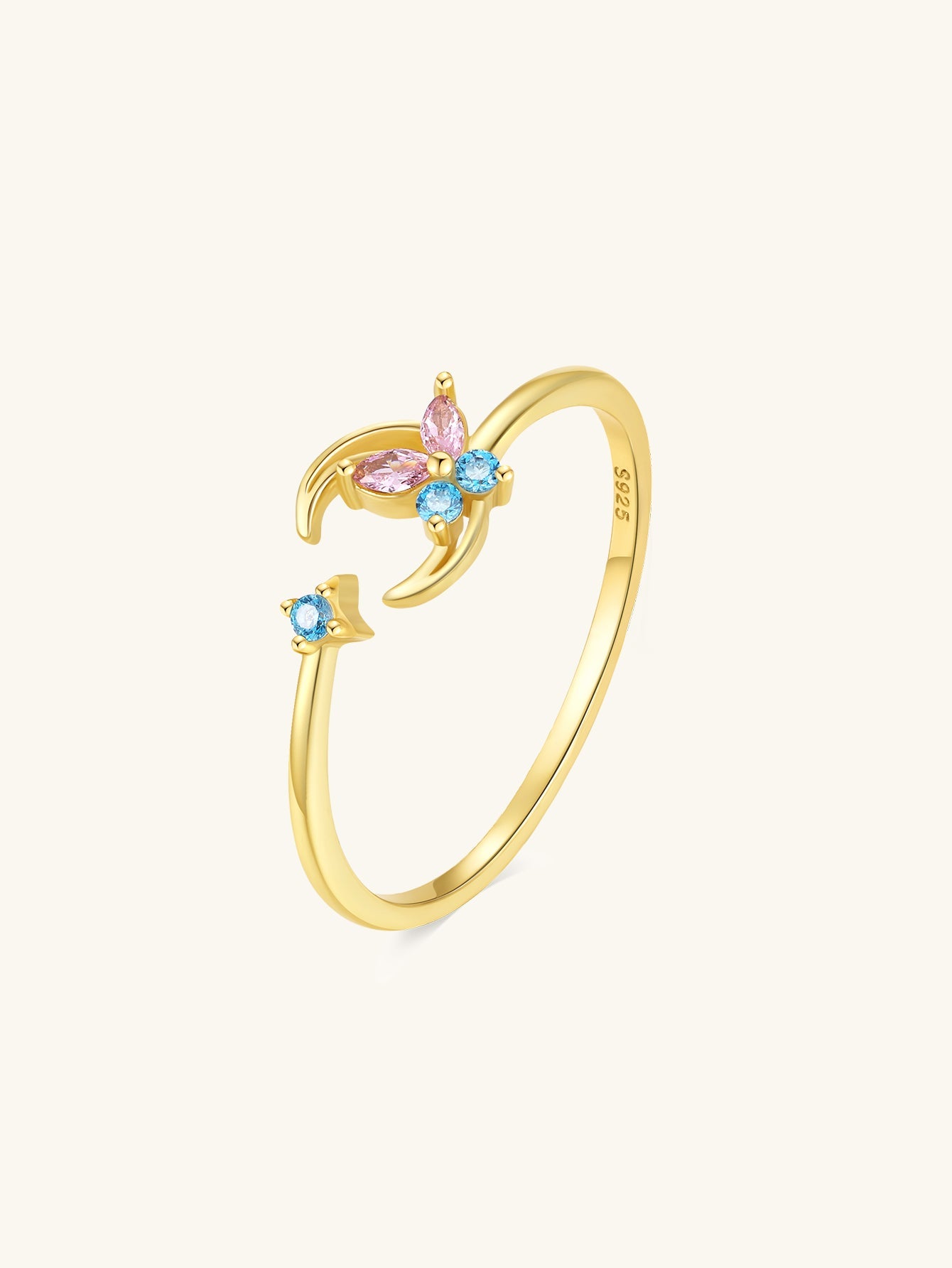 Horae S925 Multicolor Zircon Butterfly and Moon Daily Casual Open Ring