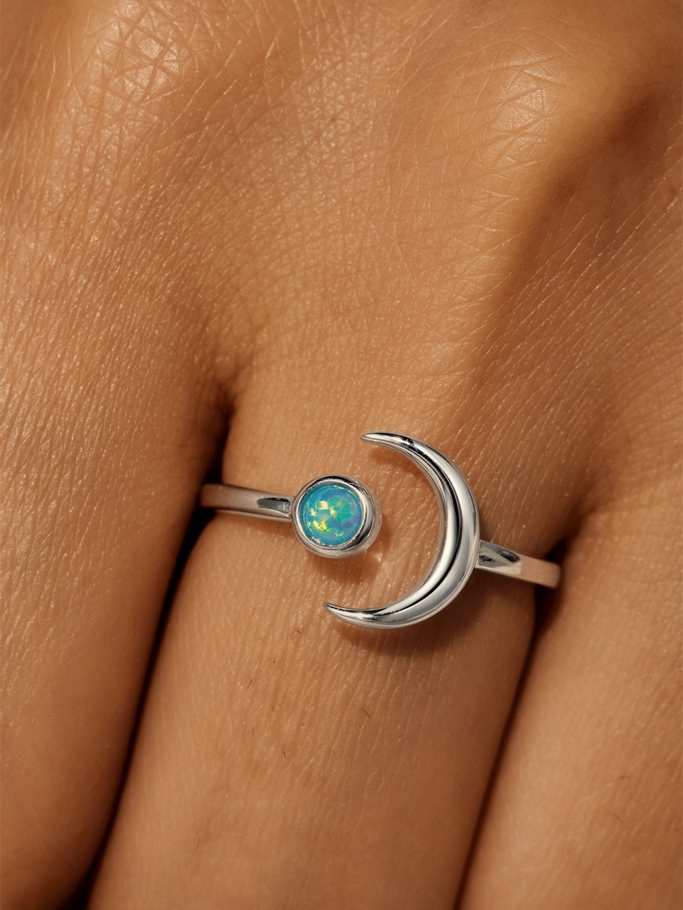 Horae 925 Sterling Silver Moon Solitaire Opal Daily Casual Open Ring