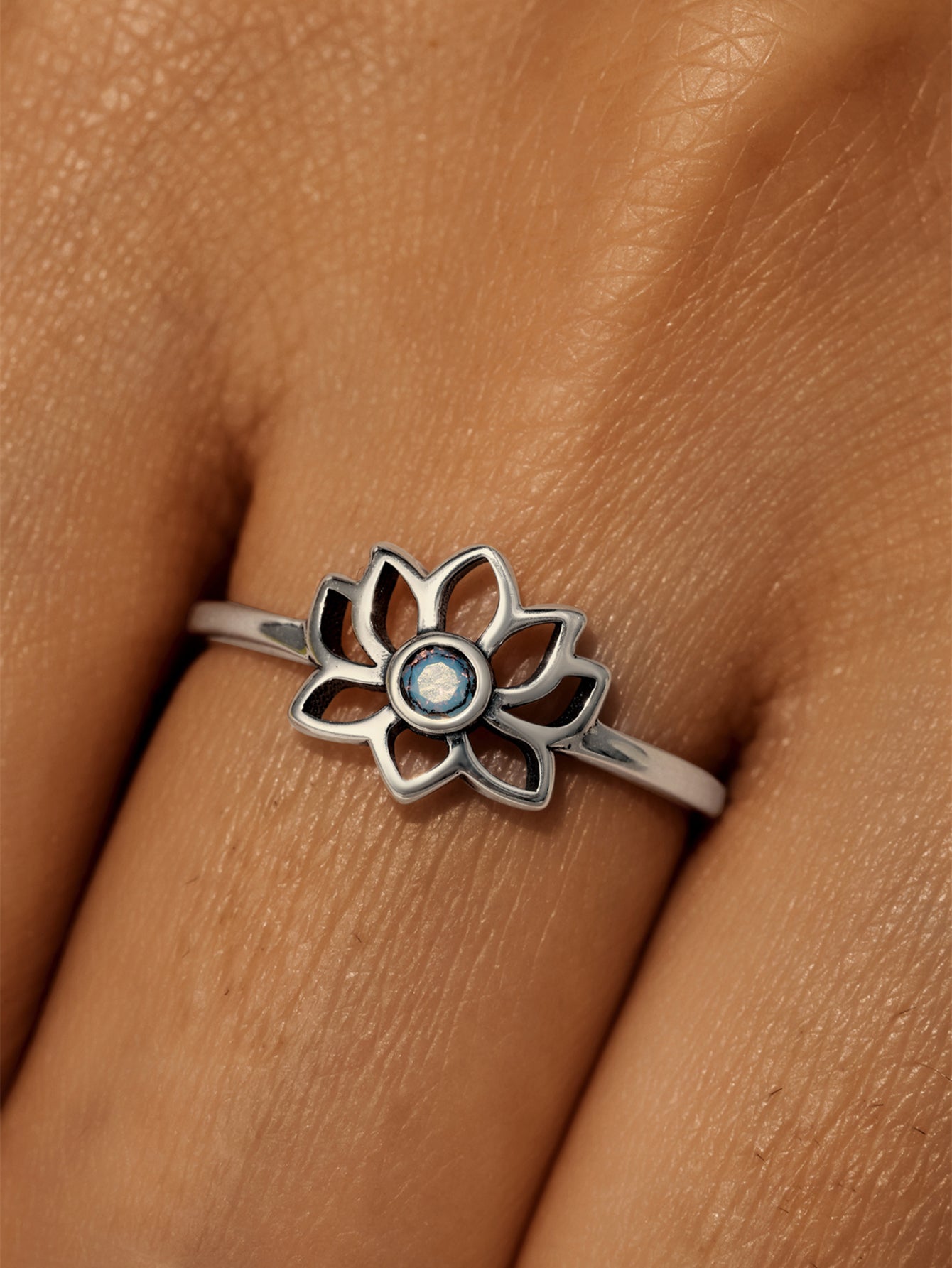 Horae 925 Sterling Silver Holowout Lotus Solitaire Opal Vintage Casual Open Ring