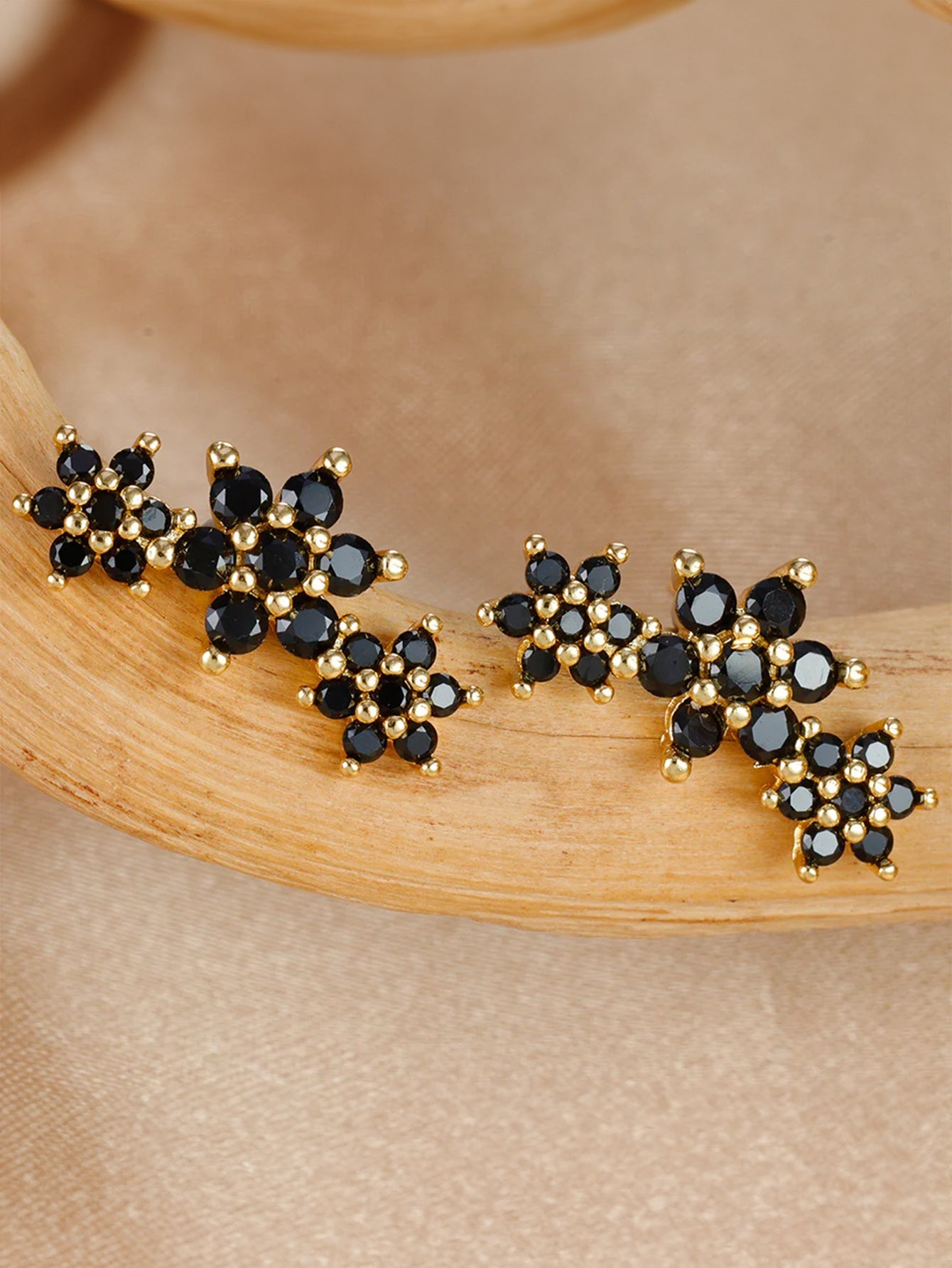 S925 Shiny Obsidian Flower Stud Earrings Set