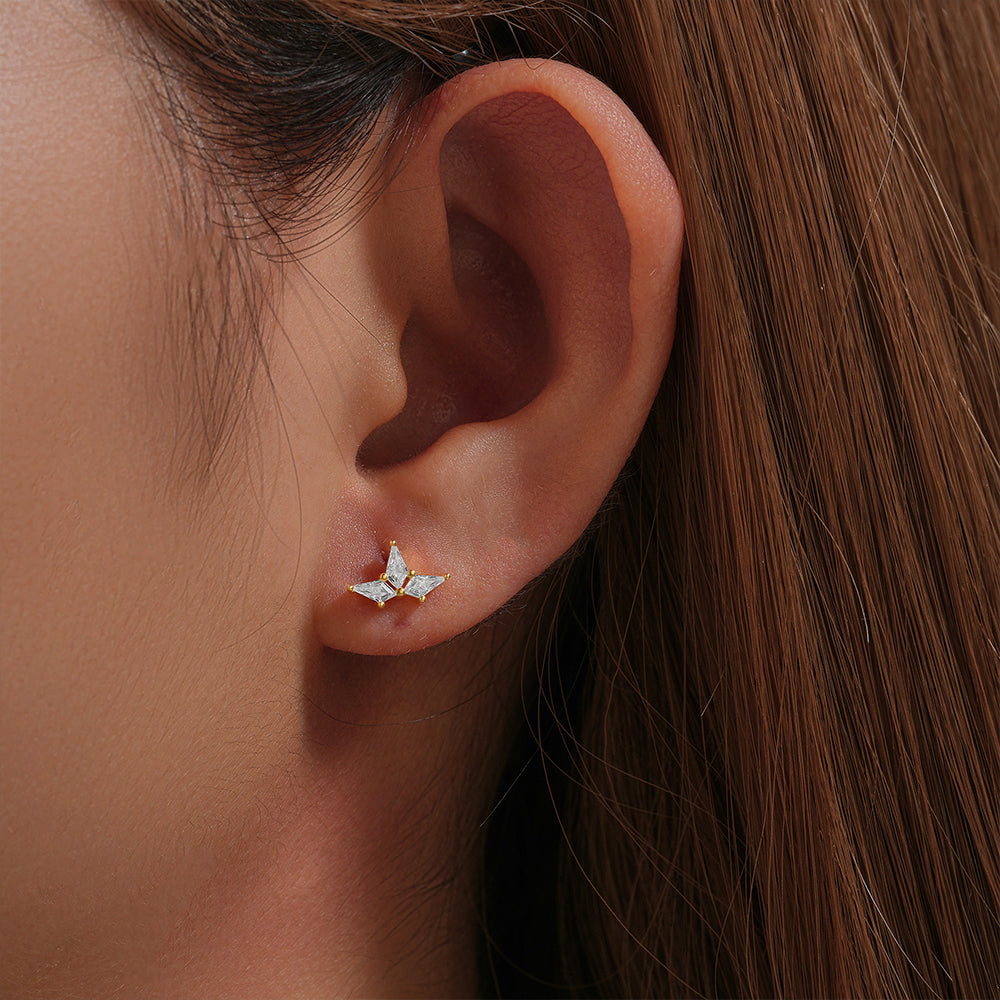 Horae 925 Sterling Silver Geometric Trio White Zircon Stud Earring