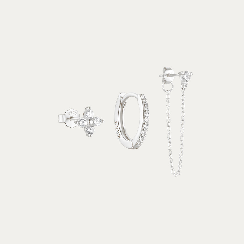 Set di orecchini a bottone con zirconi Tessal a catena in argento sterling 925 Horae da 3 pezzi