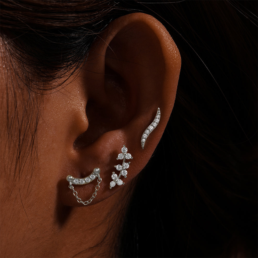 Horae 925 Sterling Silver Wave Line Leaf Zircon Flat End Piercing Earring