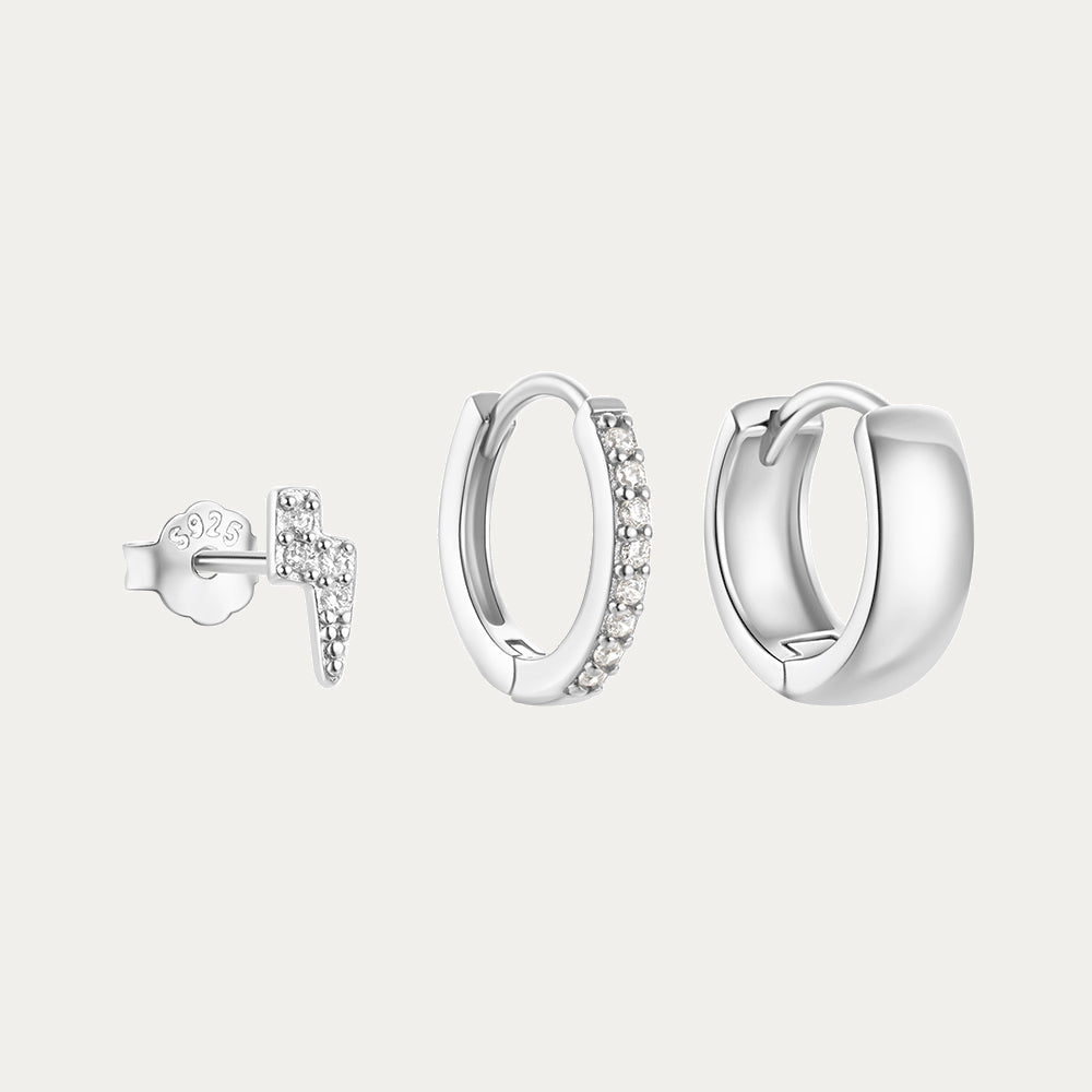 Horae 3-Piece 925 Sterling Silver Lighting Zircon Chunky Hoop Earring Set