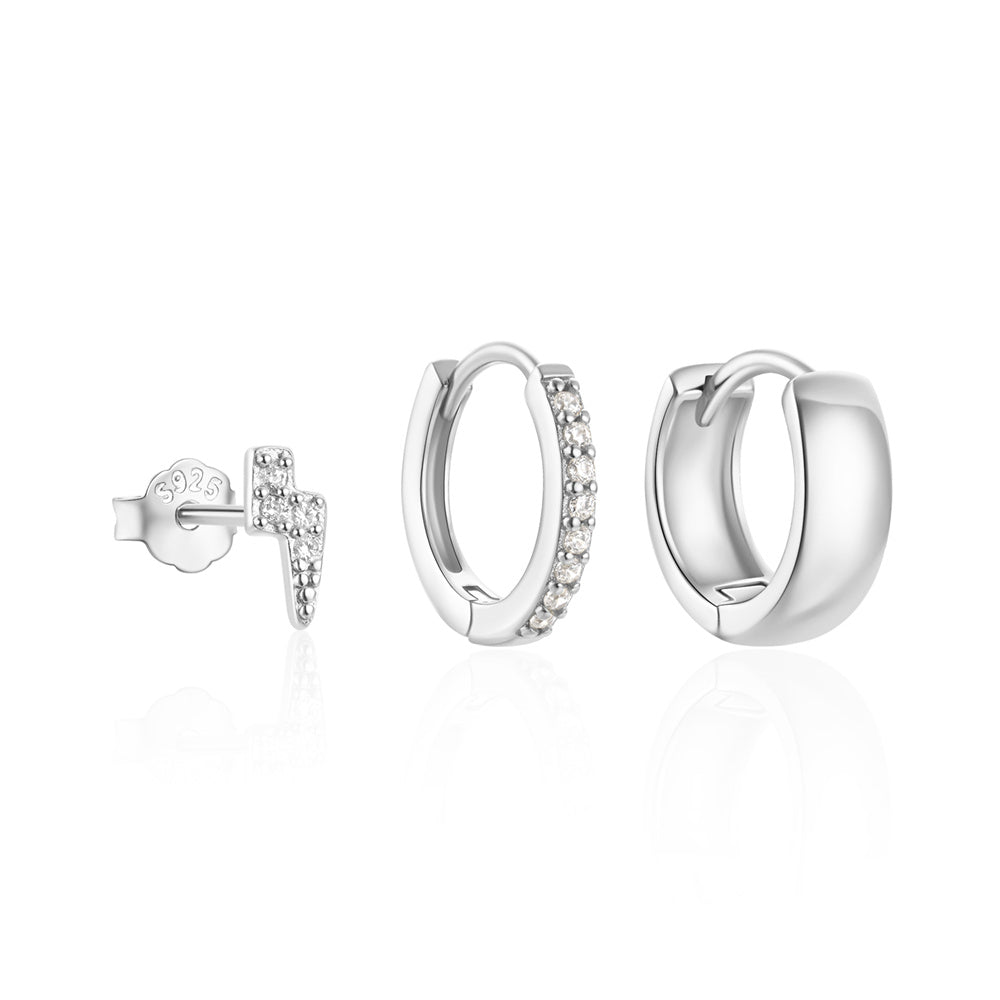 Horae 3-Piece 925 Sterling Silver Lighting Zircon Chunky Hoop Earring Set