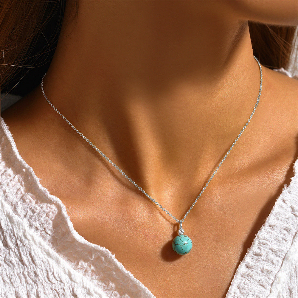 Horae 925 Sterling Silver Round Turquoise Pendant Chain Choker Necklace