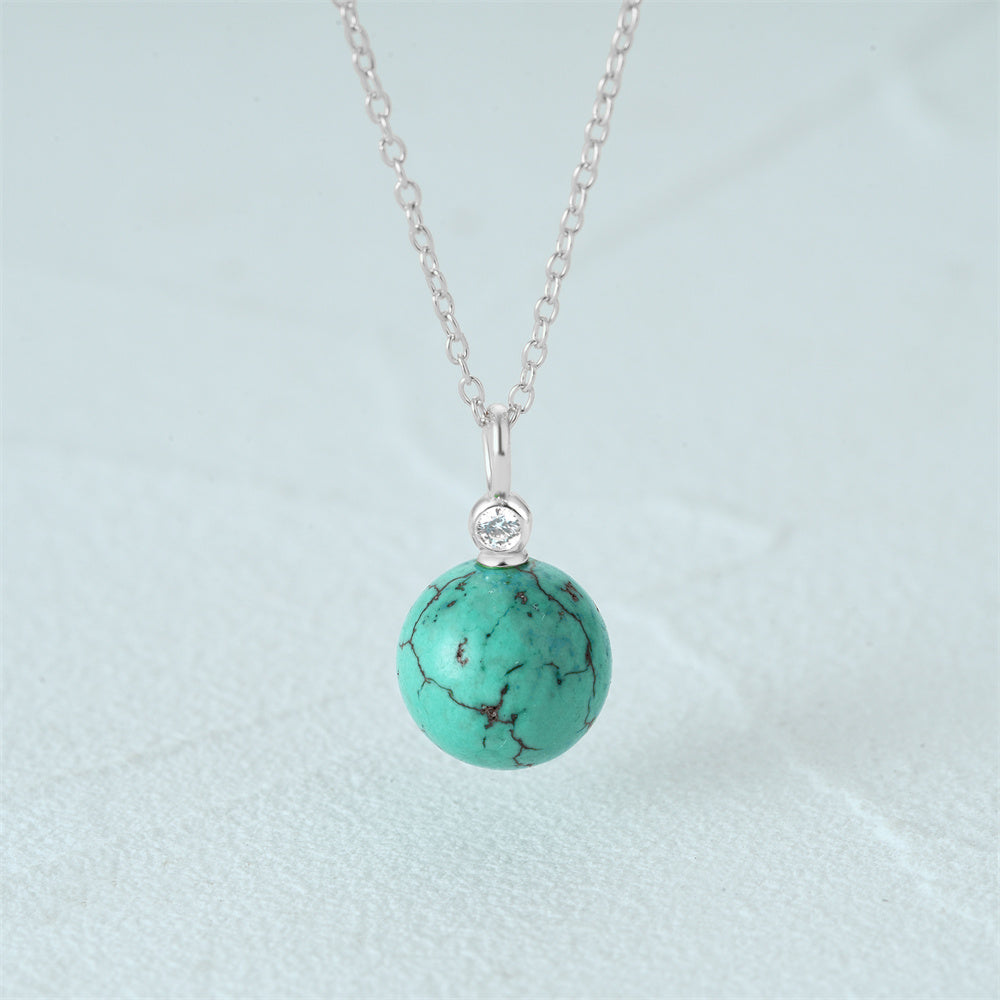 Horae 925 Sterling Silver Round Turquoise Pendant Chain Choker Necklace